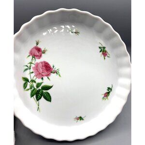 Vtg Christine Holm Ceramic Fluted Quiche Pie Dish Rose Pattern